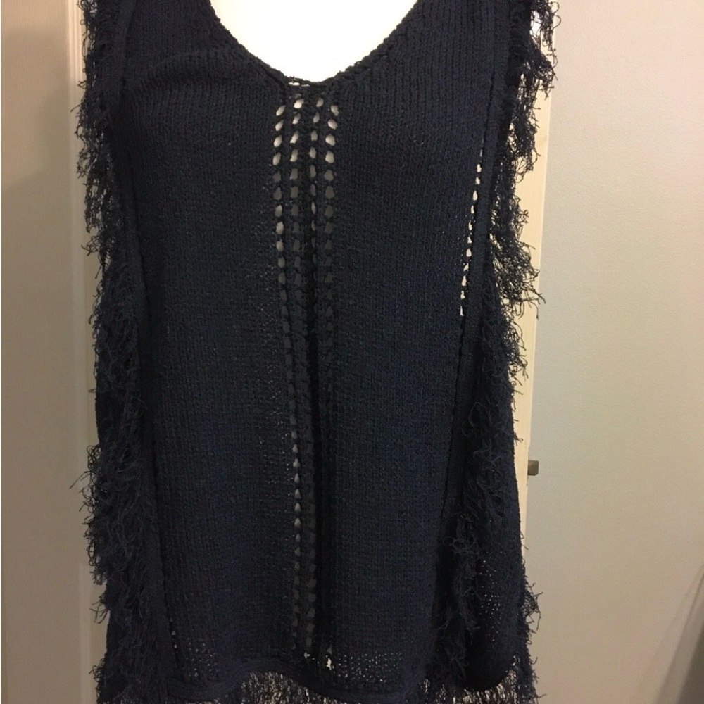 Moon River Fringe Sweater with Tie Sides XS Navy